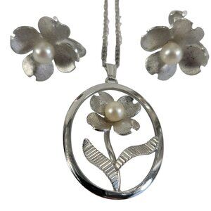 Vintage 1960s Signed VanDell Necklace Earrings Set Sterling Silver Pearl Flower